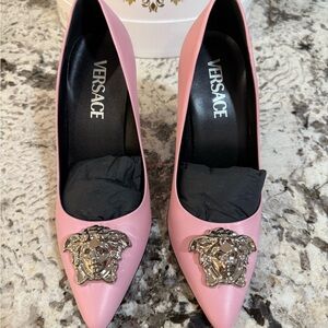 Versace Pink Heels with Silver Medusa Accent